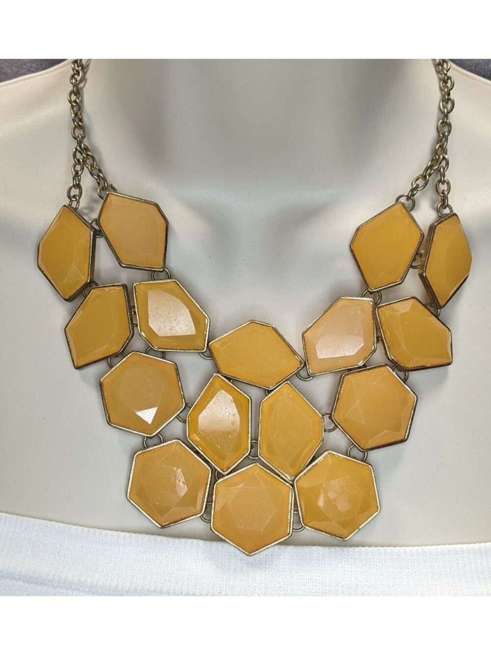 Mod Retro Geometric Mustard Yellow Faceted Gem Statement Bib Necklace